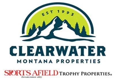 Logo for Clearwater Montana Properties featuring mountains, trees, and the establishment year 1993, with additional branding for Sports Afield Trophy Properties.
