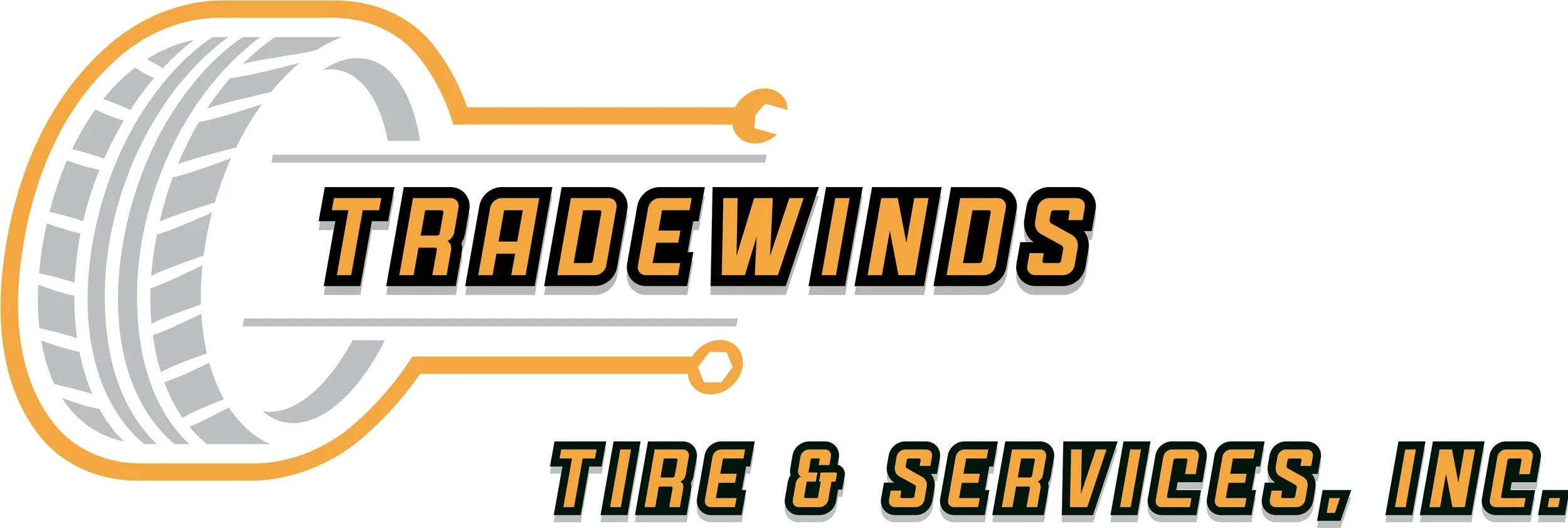 Logo for TradeWinds Tire & Services Inc., featuring a stylized tire with an orange outline and a wrench on top, with the company name in bold black and orange text.