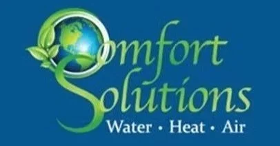 Comfort Solutions logo with a globe and leaf design, emphasizing water, heat, and air services