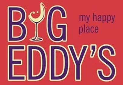 Logo for Big Eddy's with text 'my happy place' on a red background.