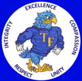 A blue eagle mascot wearing a blue sweatshirt with yellow 'TF' on the chest, inside a circle with words 'Honesty, Integrity, Excellence, Compassion, Respect, Unity'.
