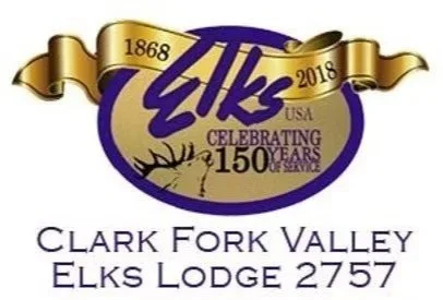 Logo celebrating 150 years of Clark Fork Valley Elks Lodge 2757 from 1868 to 2018, with purple and gold colors, featuring a deer head silhouette and the text 'Clark Fork Valley Elks Lodge 2757'.