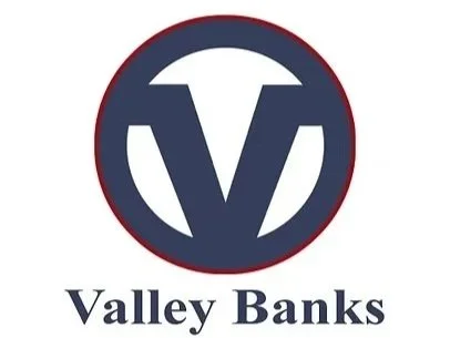 Valley Banks logo featuring a navy blue circle with a white 'V' in the center, outlined in red, and the words 'Valley Banks' beneath.