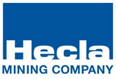 Hecla Mining Company logo with blue background and white text.
