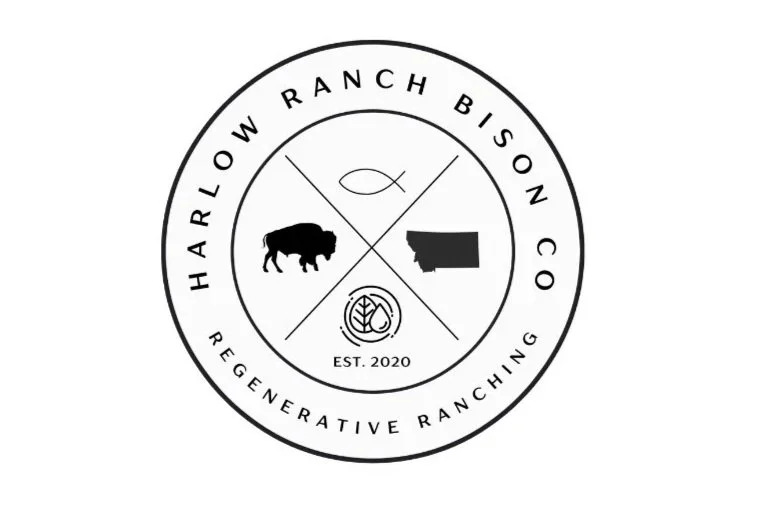 Logo for Harlow Rohan Ranch Bison, with a buffalo, a fish, a leaf, and the text 'Harlow Rohan Ranch Bison, Regenerative Ranching, Est. 2020' in a circular design.