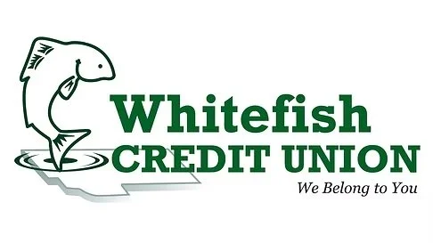 Logo of Whitefish Credit Union with a jumping fish illustration and the tagline 'We Belong to You'