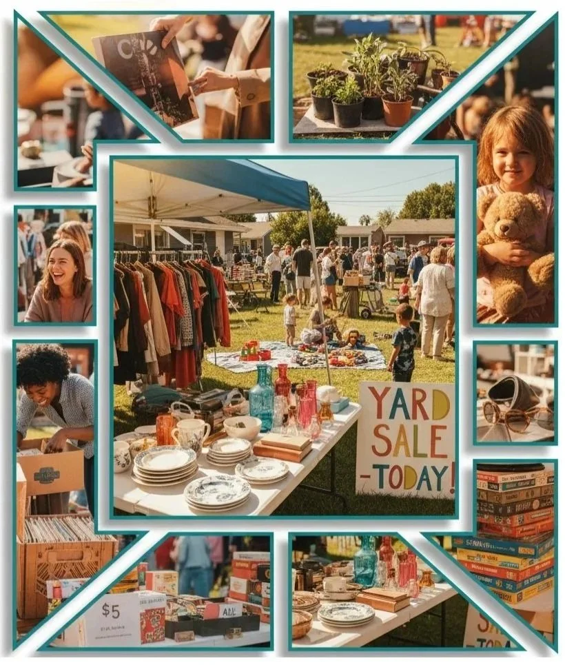 A busy outdoor yard sale with various tables and racks displaying household items, clothes, plants, and books, with people browsing and shopping under a clear sky.