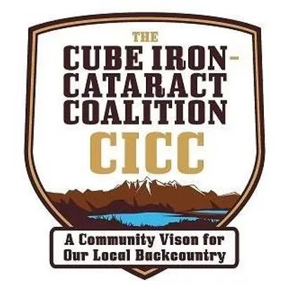 A logo for the Cube Iron Cataract Coalition (CICC) featuring mountain and water imagery, with the text 'A Community Vision for Our Local Backcountry'.