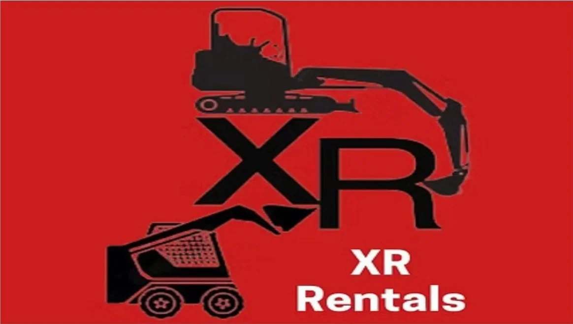 Logo for XR Rentals featuring construction equipment icons, with a red background and black and white text