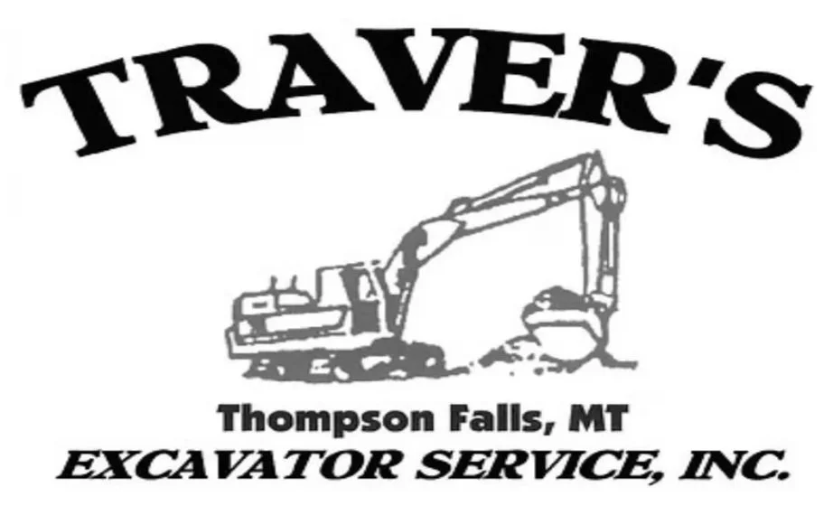 Logo for Traver's Excavator Service Inc. showing an excavator with text indicating location in Thompson Falls, Montana.