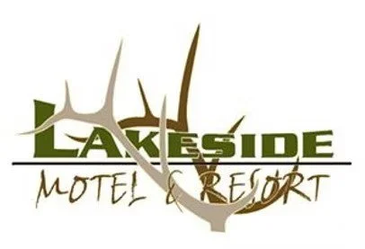 Logo for Lakeside Motel & Resort featuring stylized lake and mountain graphics.