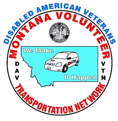 Logo for the Disabled American Veterans Montanan Volunteer Transportation Network, featuring a map of Montana, a white vehicle, and the slogan 'We Make It Happen.'
