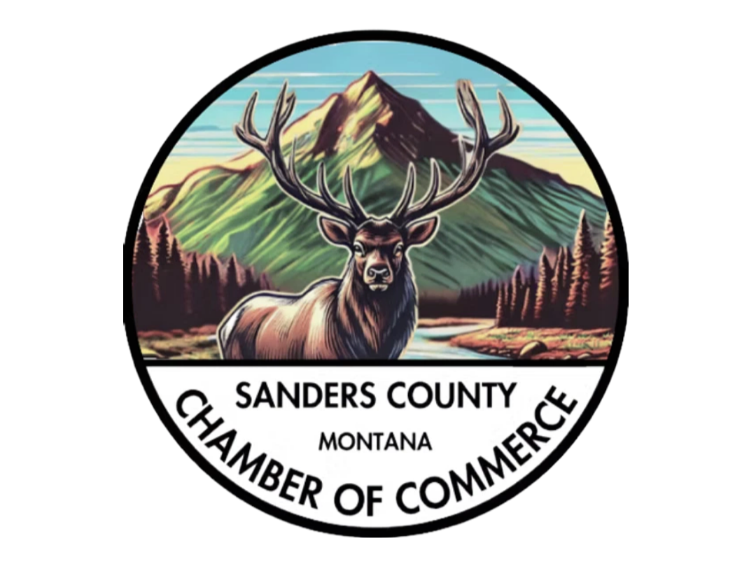 Seal of Sanders County, Montana, featuring a landscape with a mountain, trees, a river, and a deer with large antlers.