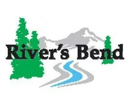 Illustration of a green tree, gray mountains, blue river, and the words 'River's Bend' in black text.