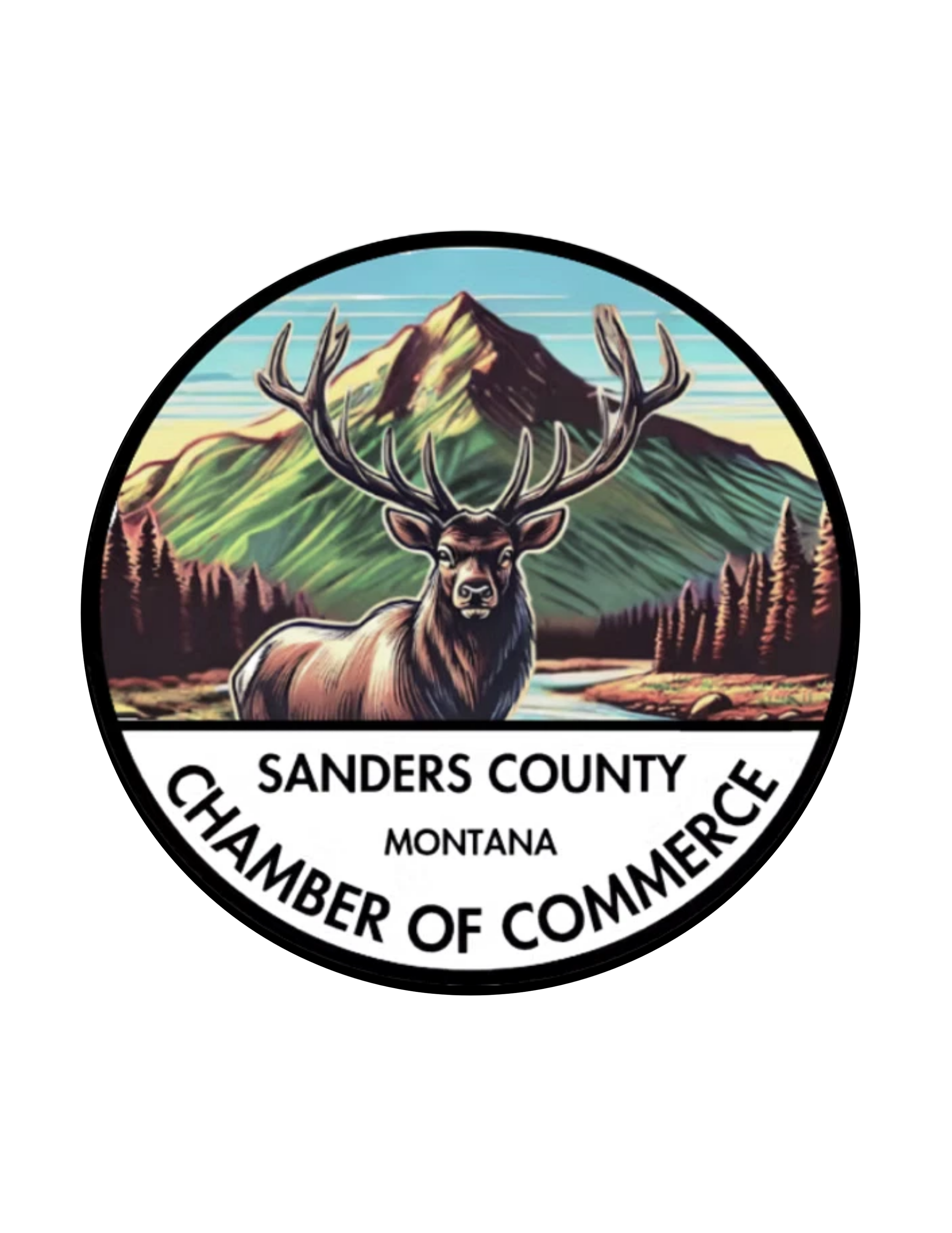 A circular logo with a mountainous landscape, a river, and a deer with large antlers in the foreground, and text reading 'Sanders County Montana Chamber of Commerce'.