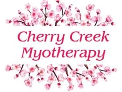 Cherry blossom branches surrounding the text 'Cherry Creek Myotherapy' in pink font.