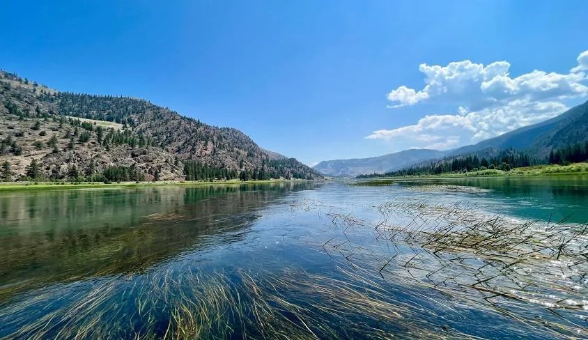 A scenic view of a river surrounded by mountains and trees under a clear blue sky with some white clouds.