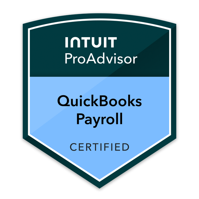 Badge indicating certification for Intuit ProAdvisor in QuickBooks Payroll.