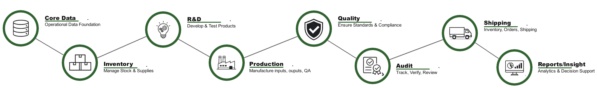 Flowchart illustrating a production process with icons and labels: Core Data, R&D, Quality, Shipping, Inventory, Production, Audit, and Reports/Insight.