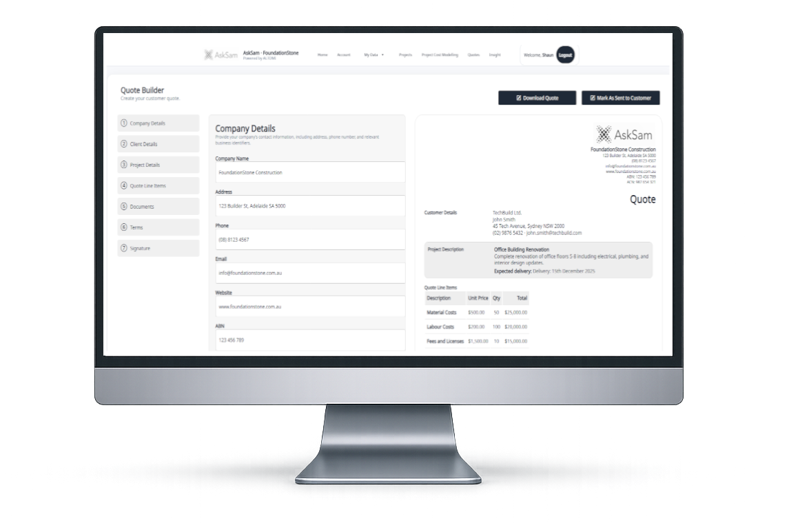 Computer monitor displaying a quote builder webpage for a construction company, with sections for company details, project description, quote line items, and totals.
