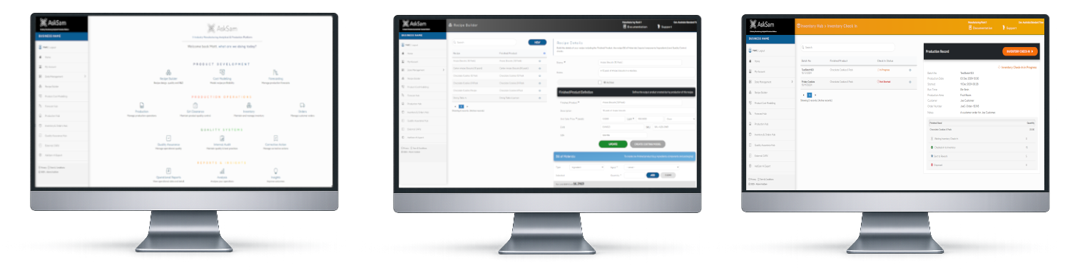 Three computer monitors displaying different pages of inventory and product development software, with a menu on the left side and various fields and buttons on the screens.
