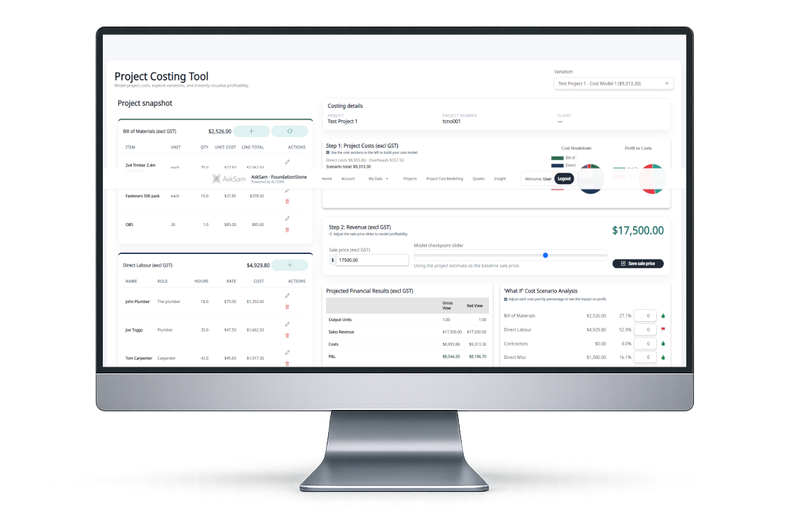 Computer screen displaying a project costing and financial analysis tool with tables, charts, and sliders for project costs, revenues, and profit analysis.