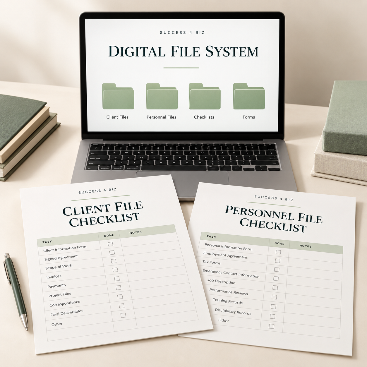 Laptop with client and personnel folders beside printed file checklists and forms.