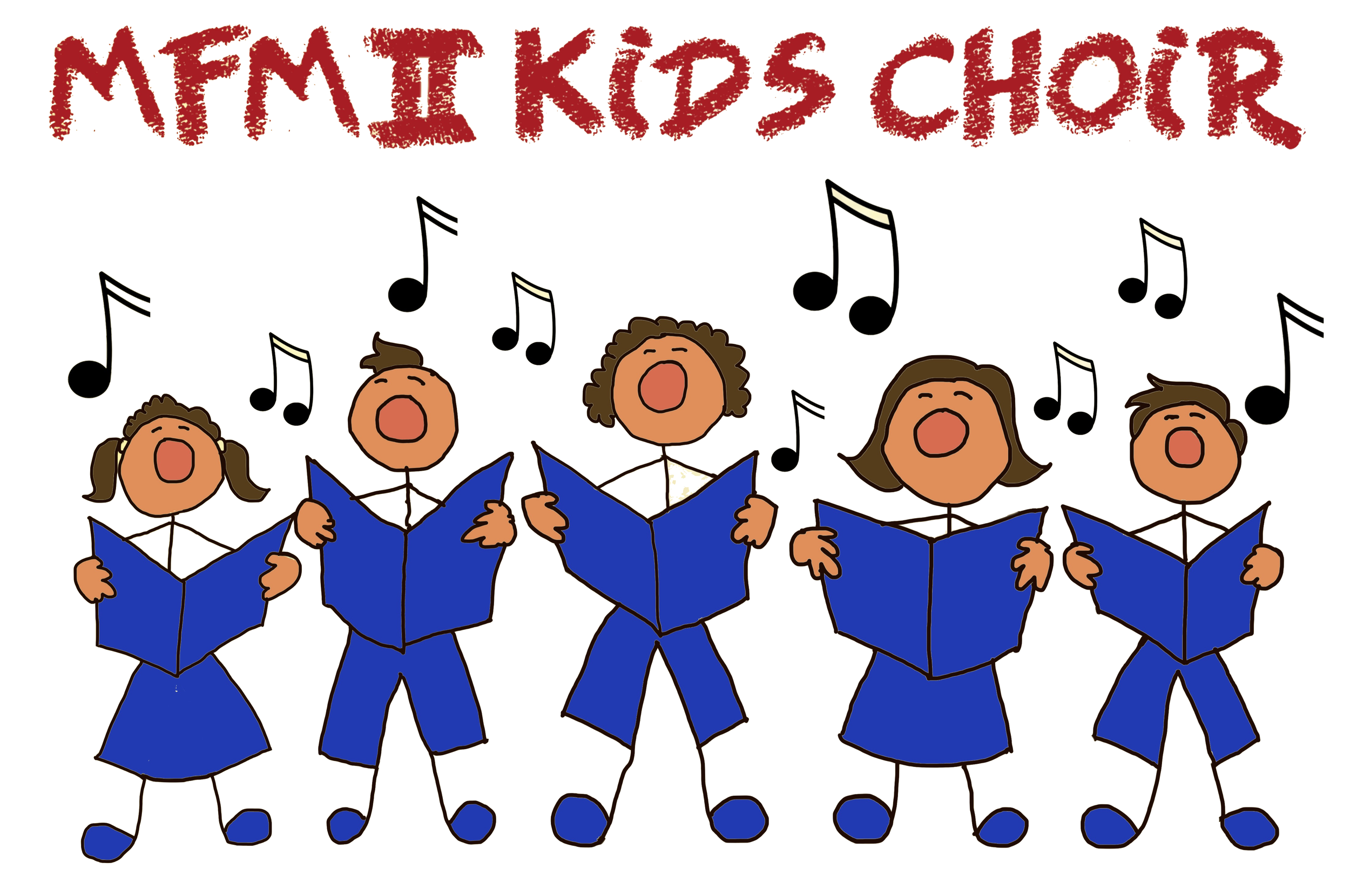 Children singing in choir, holding blue sheet music, with musical notes above them, and the words 'MEMT KIDS CHOIR' written in red at the top.