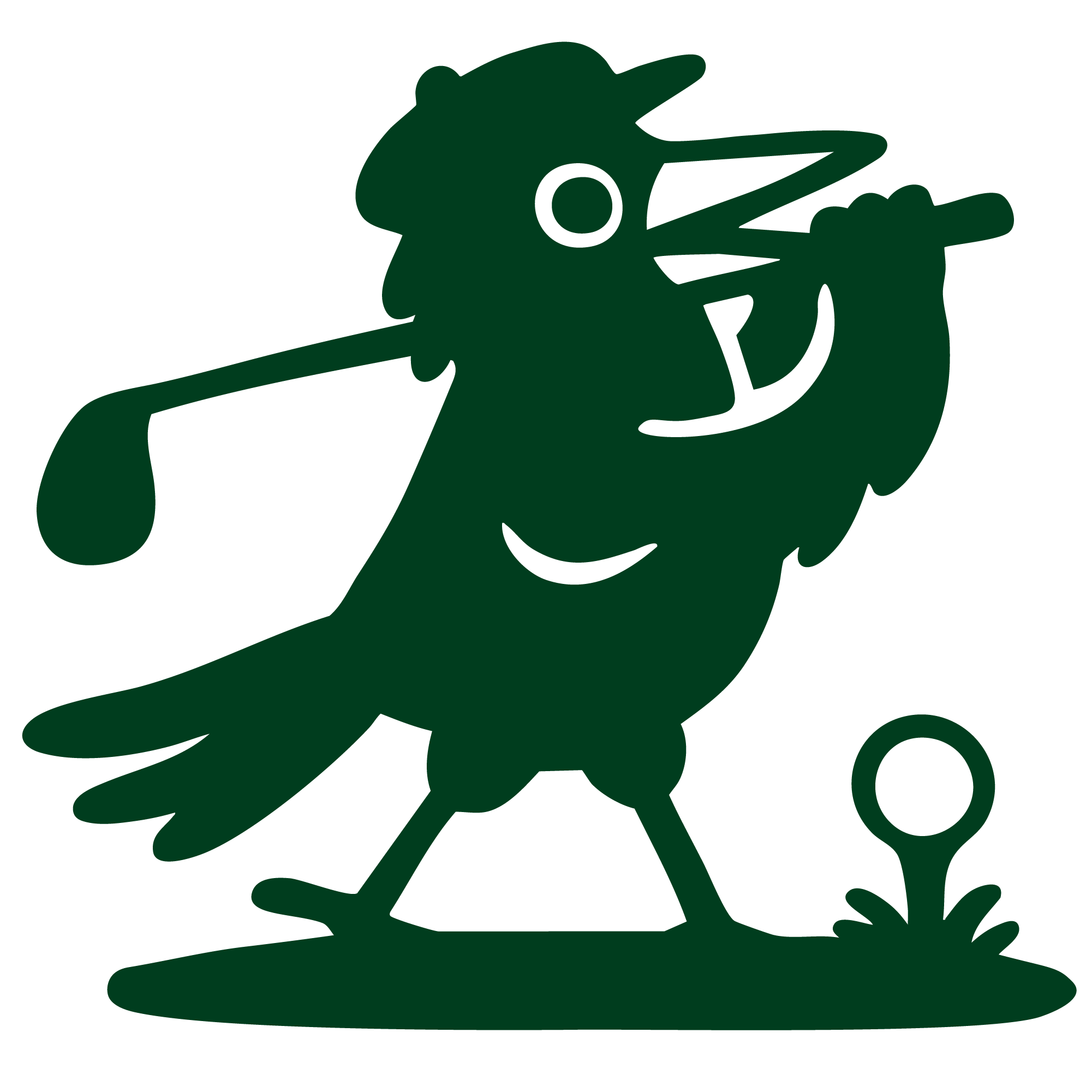Chippy. A cartoon illustration of a cheerful bird wearing a golf hat, holding a golf club, standing next to a golf hole on a patch of grass.