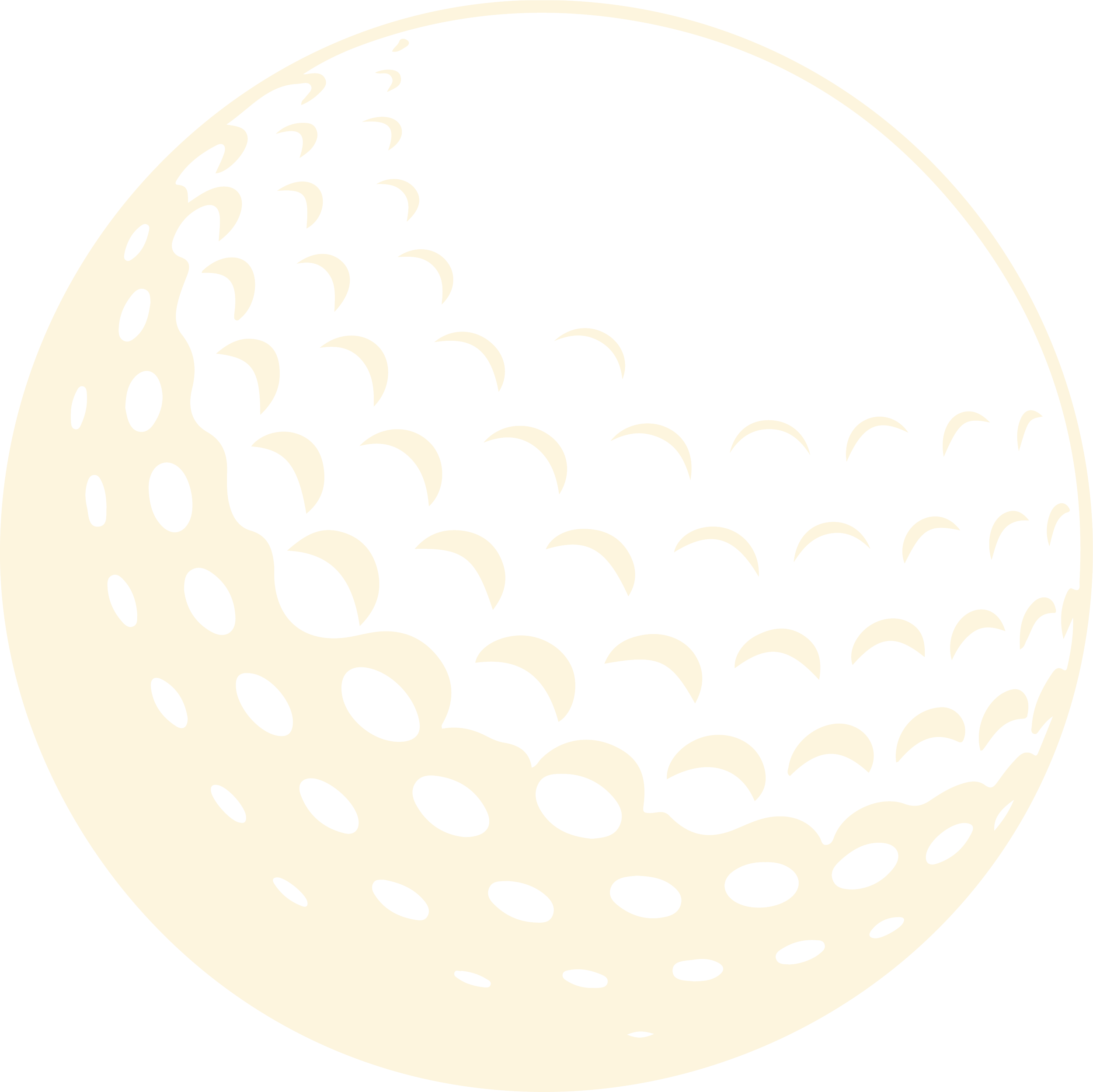 Graphic of a stylized golf ball with circular and crescent-shaped patterns on a black background.