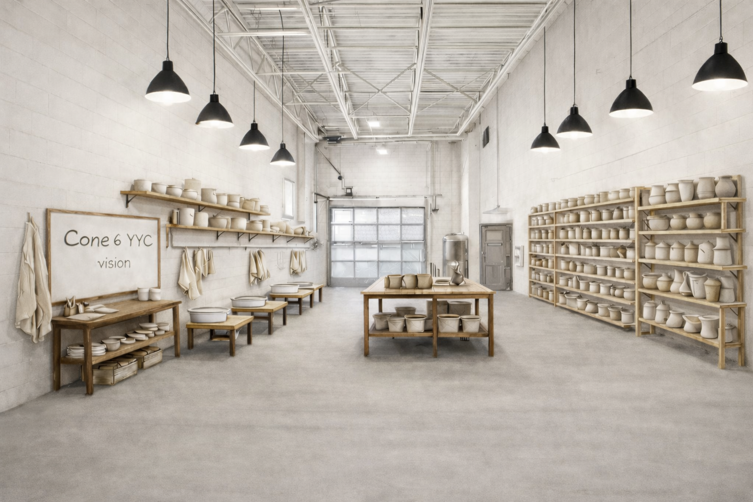 Empty pottery shop with large windows, shelves filled with various unglazed ceramic vases and bowls, wooden tables displaying more ceramics, pendant lights hanging from the ceiling, and a whiteboard with writing that reads 'Cone 6 NYC vision'.