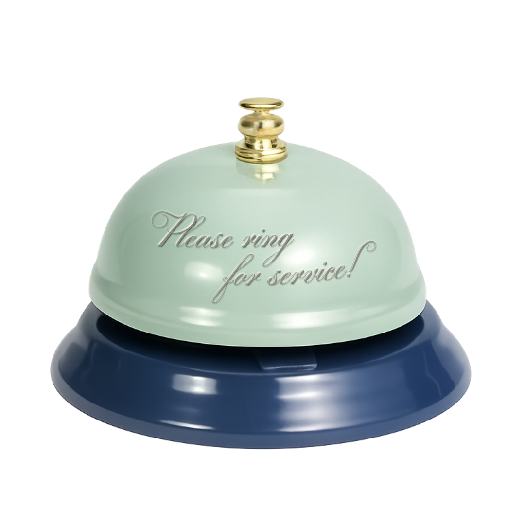 A service bell with a cream-colored top and dark blue base, inscribed with the words "Please ring for service!" in elegant script.