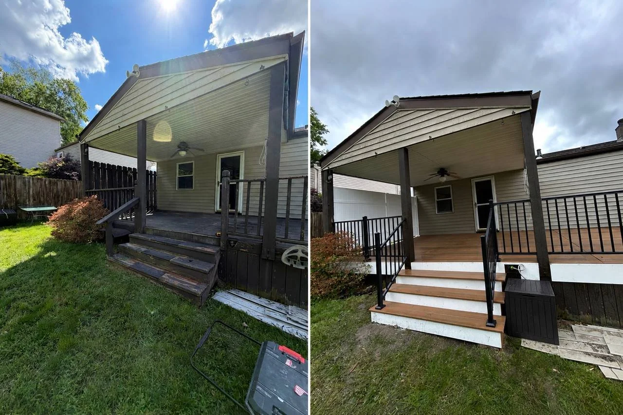 Comparison of a house porch before and after renovation, showing a weathered porch with old steps and railing on the left, and a newly renovated porch with fresh steps and black metal railing on the right.