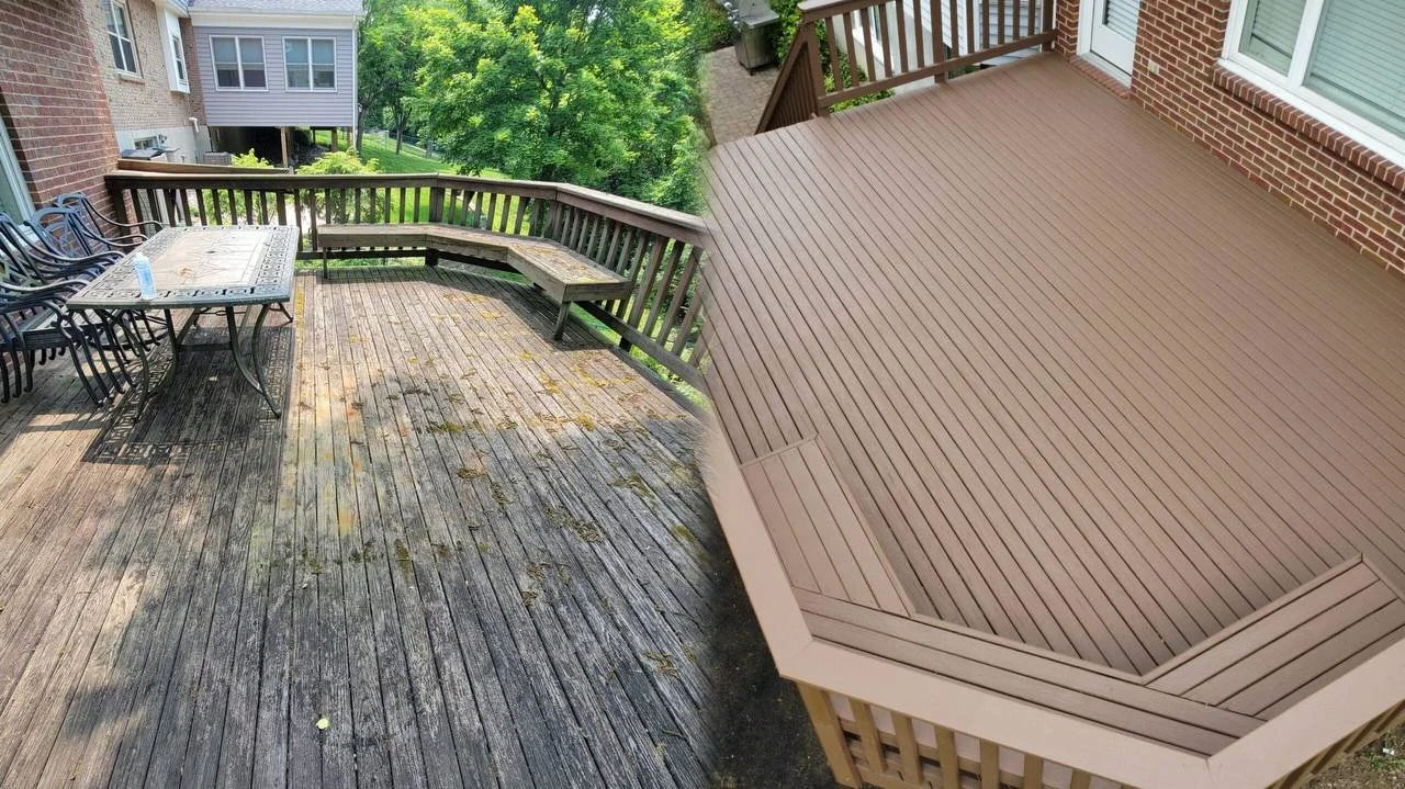 Comparison of two images showing a wooden deck, with the left image old and weathered with moss and dirt, and the right image newly renovated with clean, smooth, and uniformly colored decking.