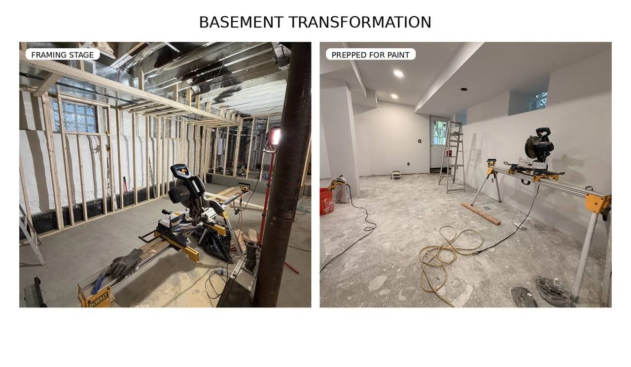 Side-by-side photos showing a basement renovation. The left photo captures the framing stage with exposed wooden studs and construction tools, while the right photo depicts the space prepped for painting with finished white walls, ceiling lights, and