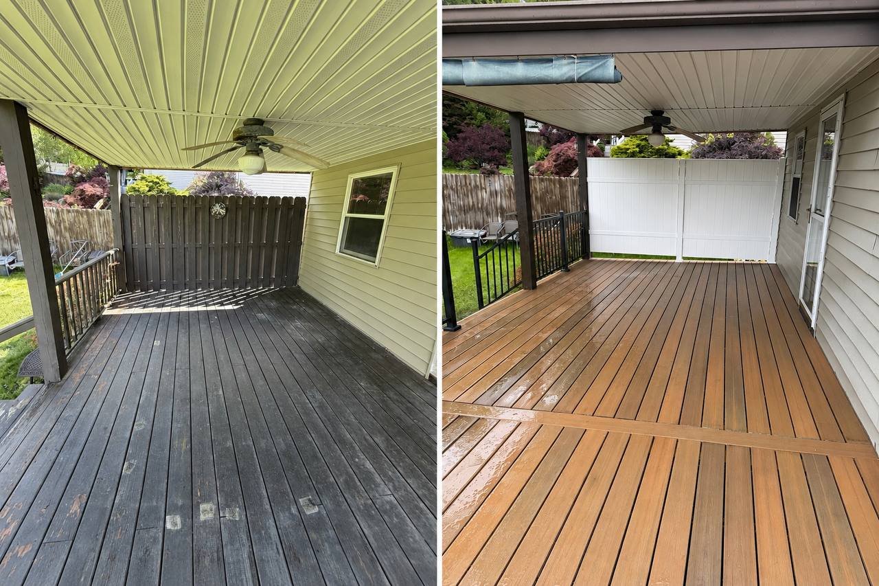 Comparison of two backyard decks, with the left side showing an older, darker, weathered wooden deck and the right side showing a newer, lighter, stained wooden deck.