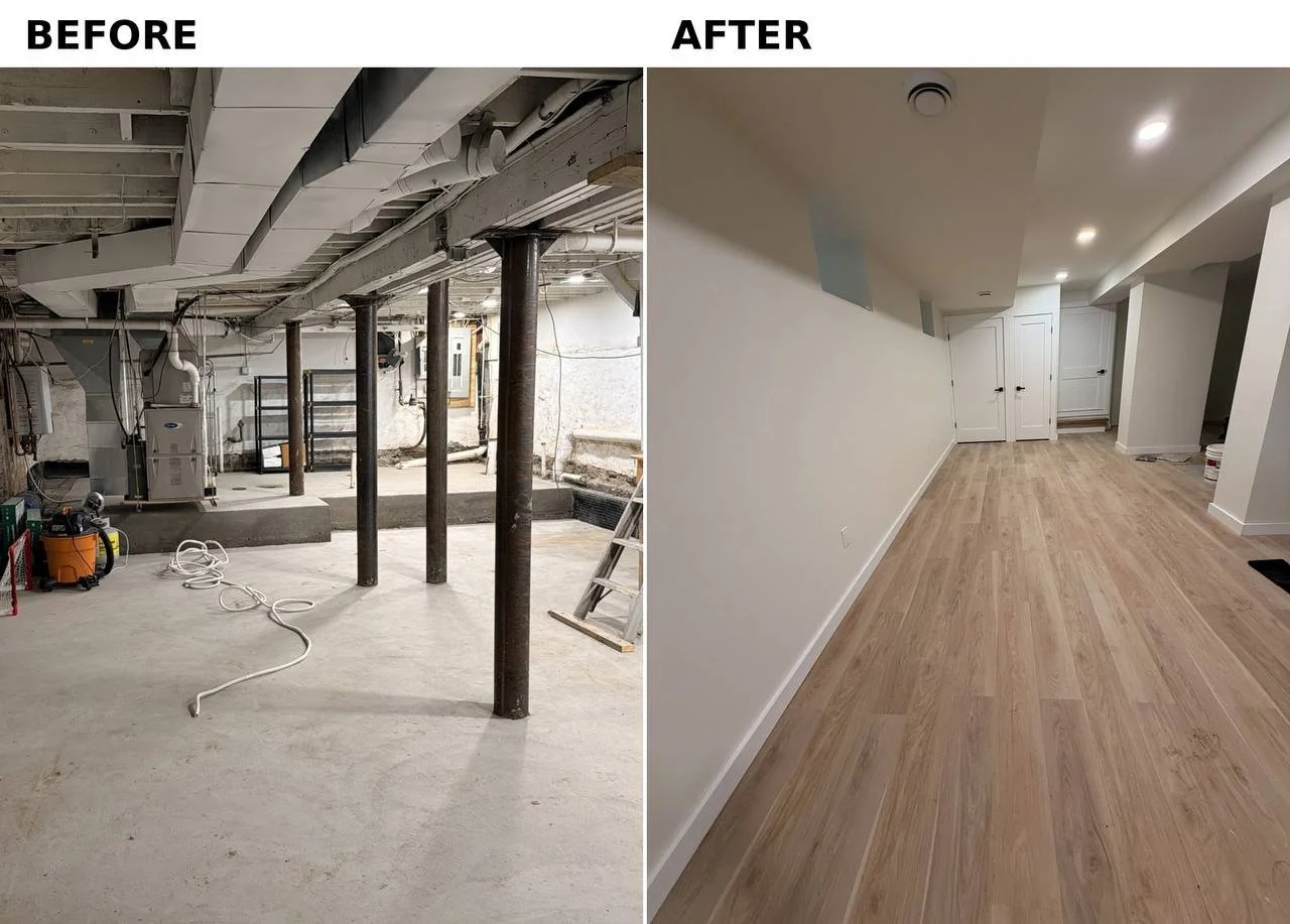 Side-by-side comparison of a basement before and after renovation. The 'before' image shows a basement with exposed pipes, wiring, support beams, and unfinished concrete floor. The 'after' image shows the same space with finished walls, installed lig