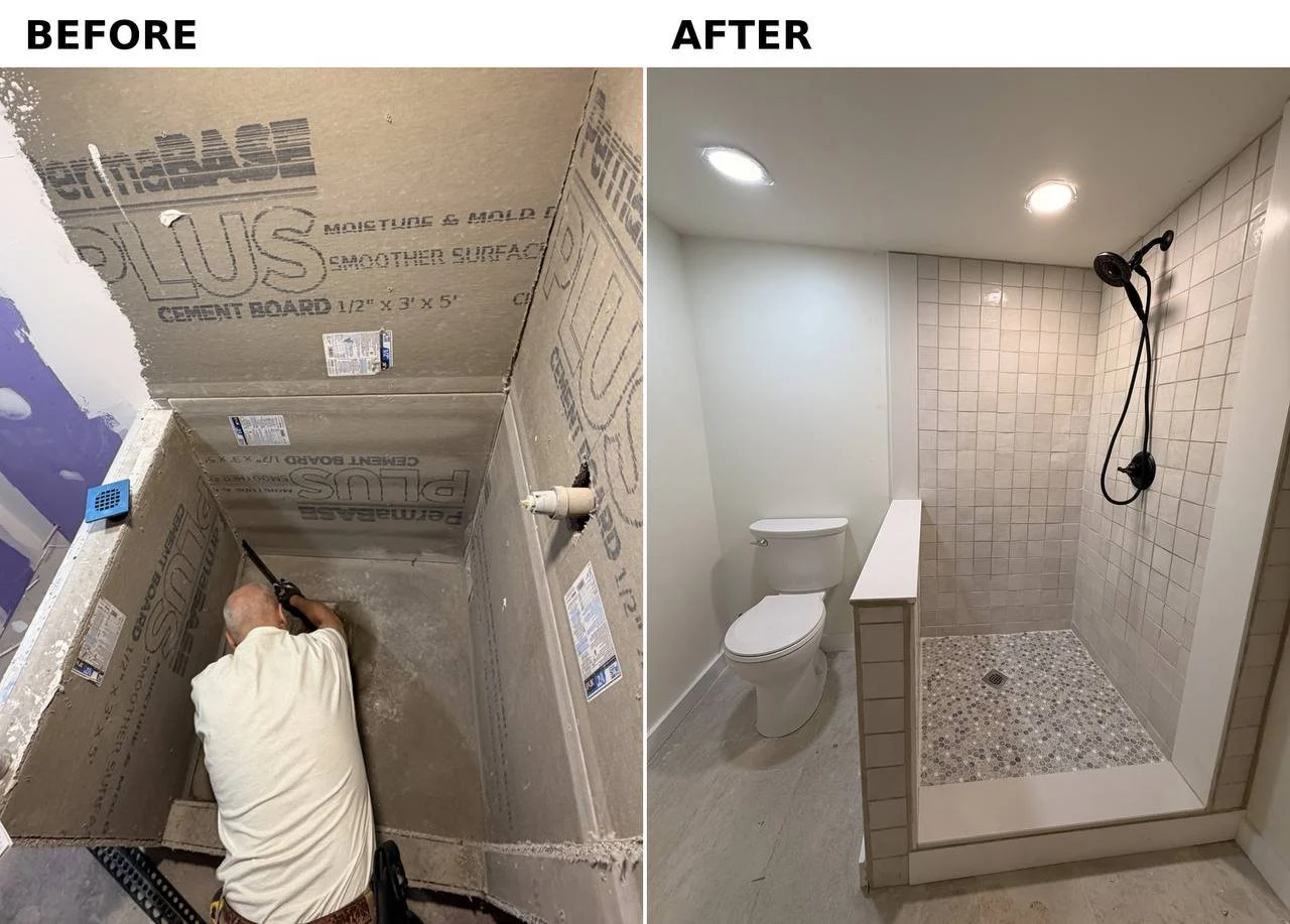 Side-by-side comparison of a bathroom renovation: left shows a worker installing cement board on the shower walls, right shows the finished bathroom with a white toilet and a tiled walk-in shower with a built-in niche, black showerhead, and recessed 