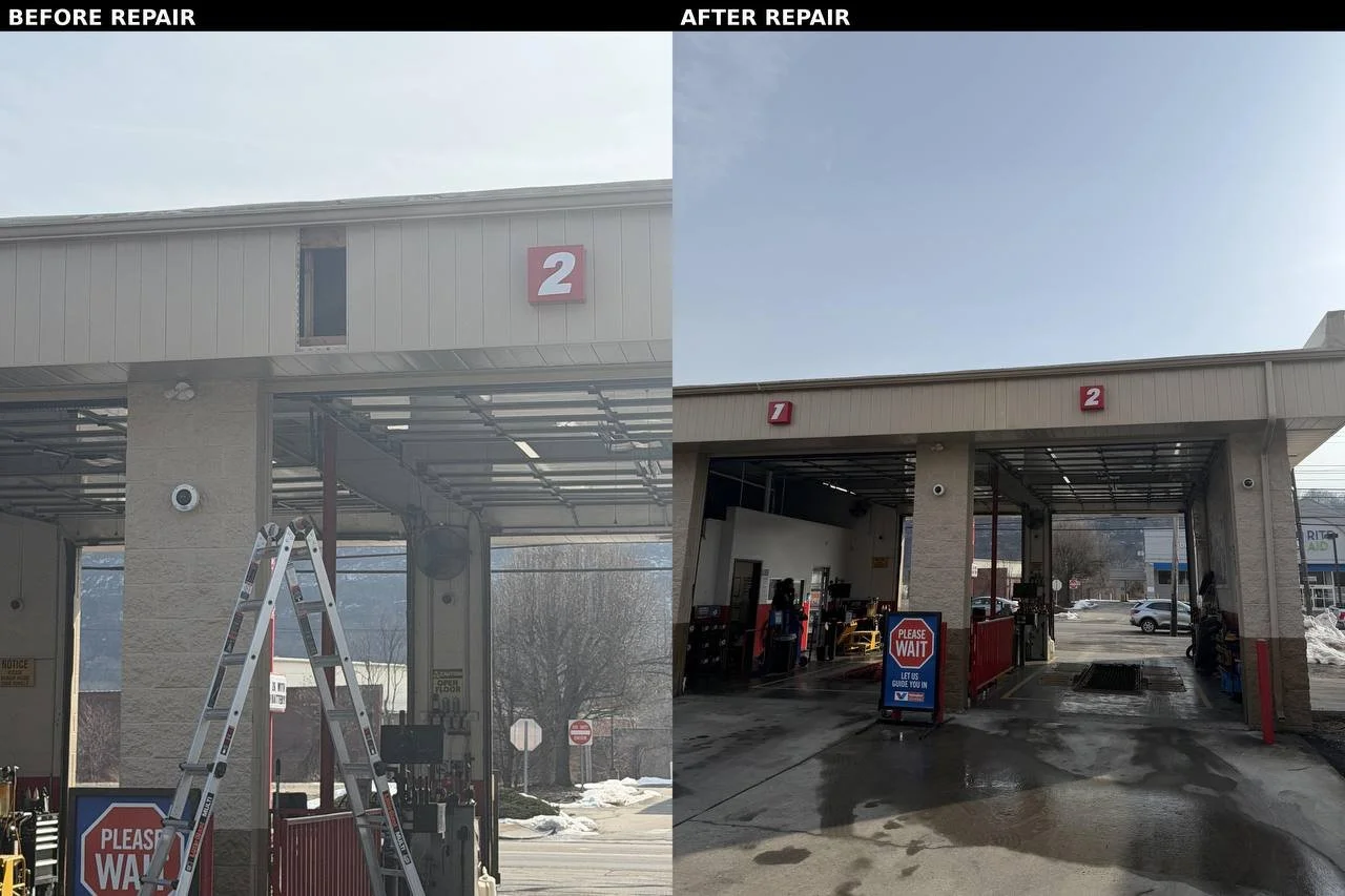 Split image showing a car wash before and after repairs. The left side, labeled 'Before Repair,' shows a car wash with a ladder and construction signs, and a damaged roof. The right side, labeled 'After Repair,' shows the same car wash with a repaire