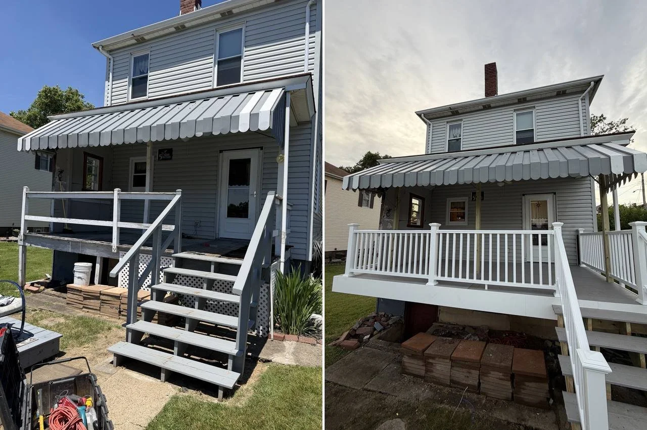 Side-by-side comparison of a house's back porch before and after renovation. The left side shows the old porch with a worn gray railing and steps, unfinished, with bricks and tools around. The right side features the new, painted white porch with a s