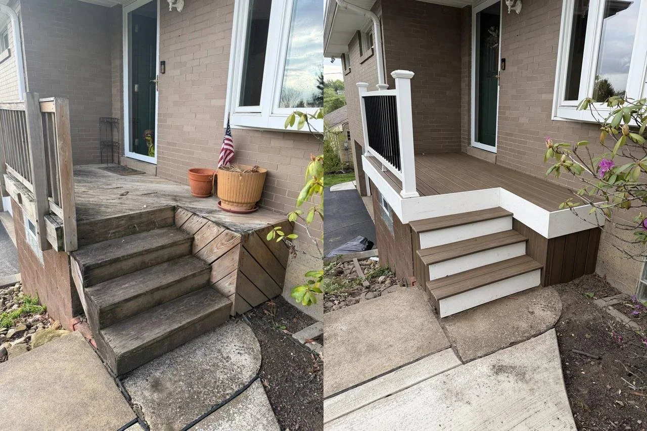 Before and after images of a house back porch, showing a renovation from old weathered wood stairs to new painted and upgraded stairs with a small porch area.