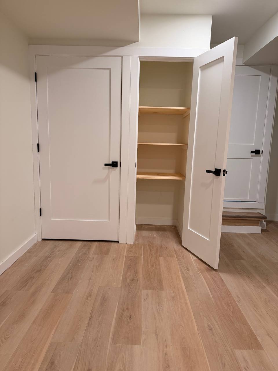 Empty closet with open door showing interior shelves, located in a room with light-colored wooden flooring and off-white walls.