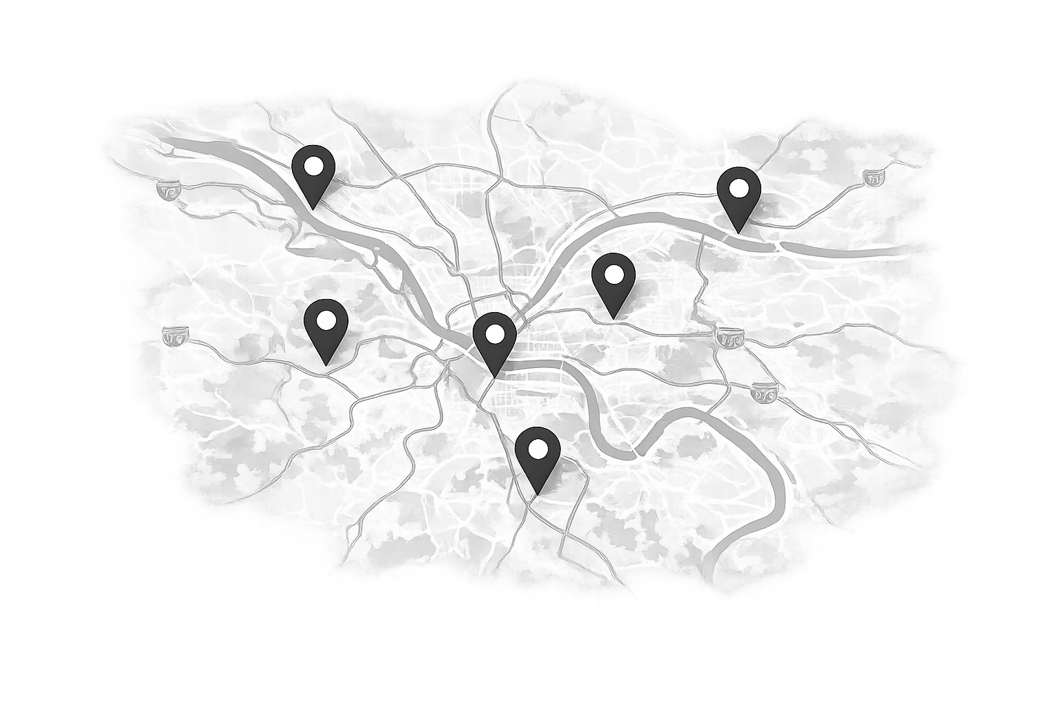 A grayscale map of a city with seven location markers across different areas.