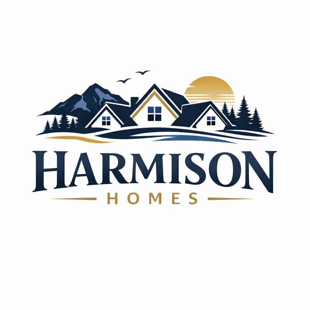 Logo for Harmison Homes featuring a mountain landscape, three houses, trees, birds, and a setting sun.