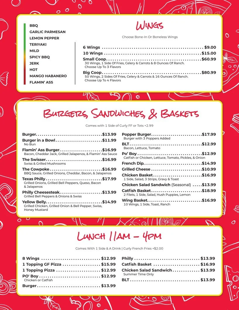Menu with three sections: Wings, Burgers/Sandwiches/Baskets, and Lunch 11 AM - 4 PM. Wings options include 6, 10, small, and big co-op with prices from $9.00 to $80.99. Burger options include traditional, in a bowl, Flamin' Ass, and other burger types with prices from $11.99 to $17.99. Sandwiches and baskets include various burger and chicken options, salads, and combos, with prices from $12.99 to $18.99. Lunch menu lists wings, toppings, PO' Boy, chicken sandwich, BLT, Philly, catfish basket, chicken salad, and wing basket with prices from $12.99 to $16.99.