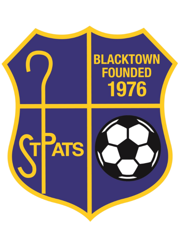 A shield-shaped emblem with a purple background and yellow outline, containing a large question mark, the text 'BLACKTOWN FOUNDED 1976', a soccer ball, and the initials 'G T PATS'.