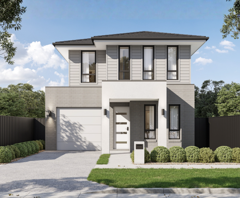 A modern two-story house with a gray and white exterior, flat roof, and multiple narrow windows. There is a attached garage, a front door with horizontal glass panels, a mailbox, landscaped bushes, and a concrete driveway.