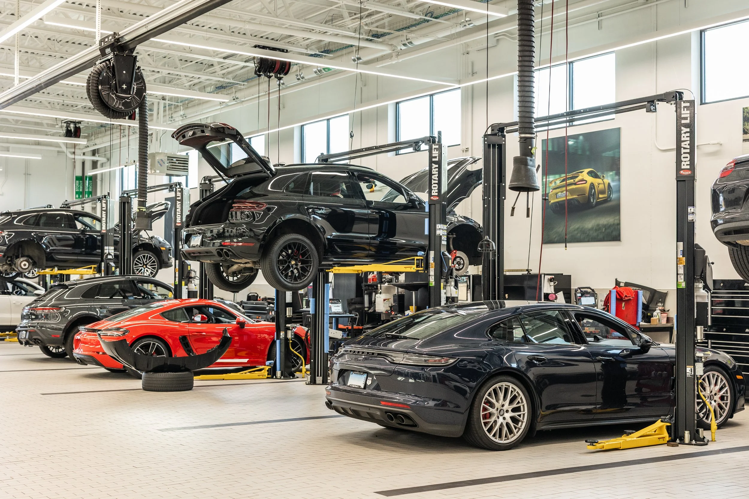 Multiple luxury cars in an automotive workshop, some raised on lifts, with equipment and tools around.