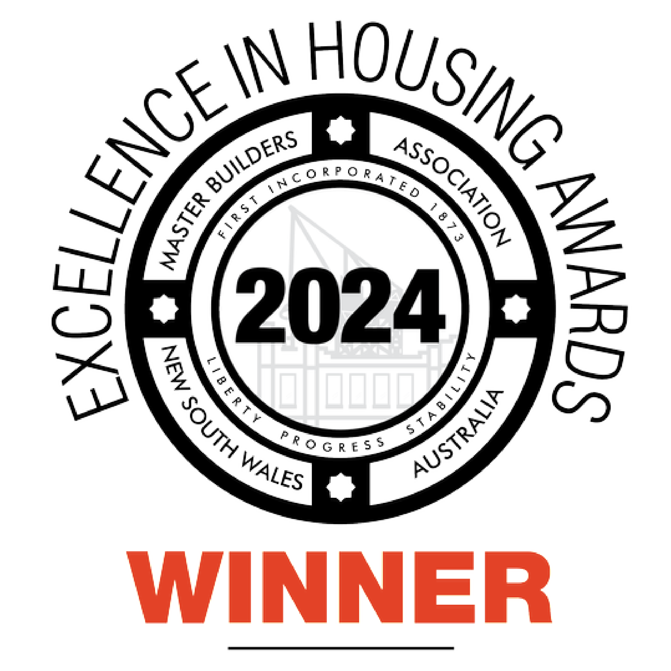 Seal of the Excellence in Housing Awards 2024 by the Master Builders Association of Victoria, indicating a winner.