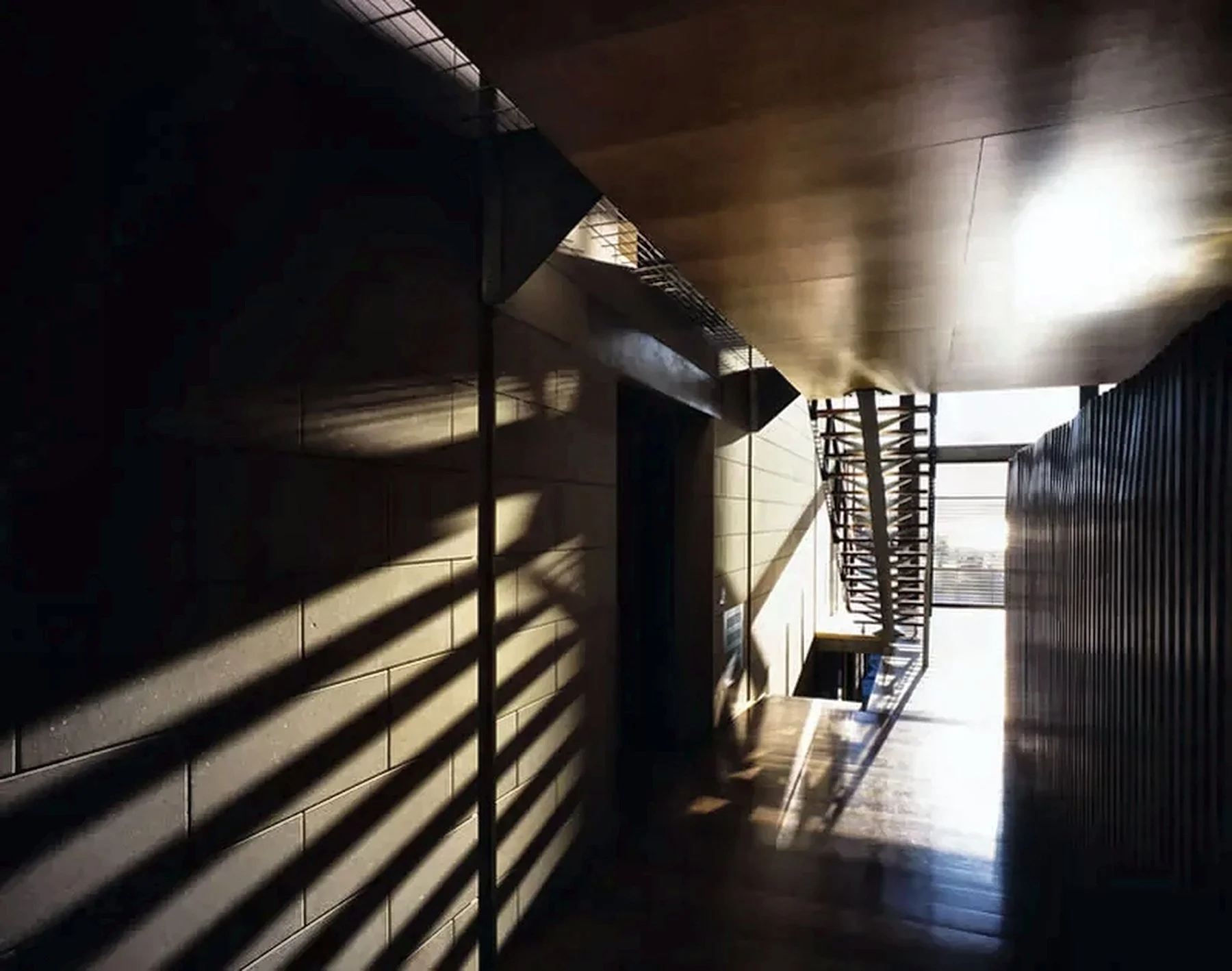 Designed by Peter Stutchbury.  Sunlight streams through a window at the end of a corridor, casting shadows on the dark wall on the left and reflecting off the wooden floor. A modern staircase is visible near the window.